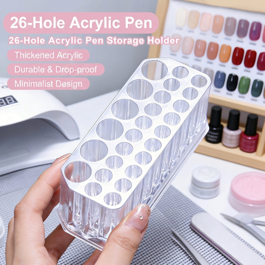 Clear acrylic 26-hole stepped brush and pen holder held against vanity
