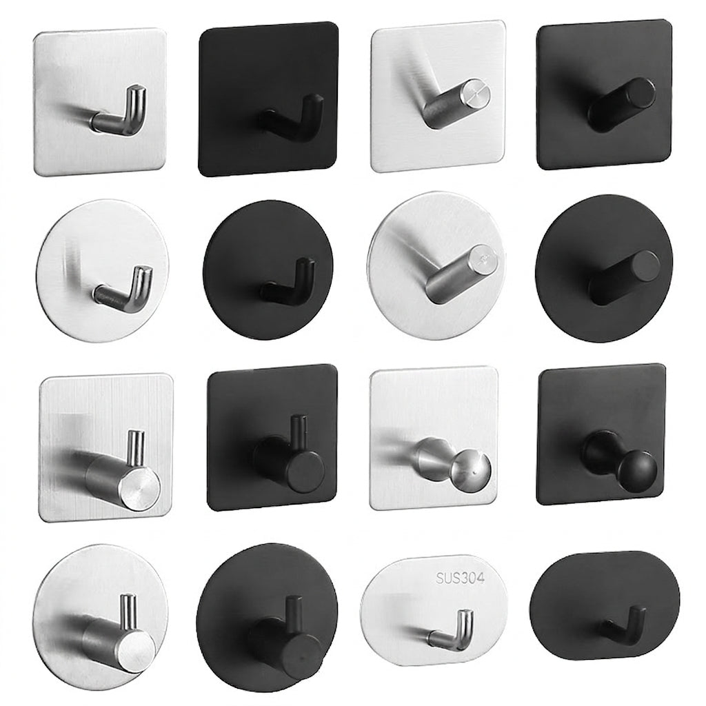 Stainless adhesive robe and towel hooks