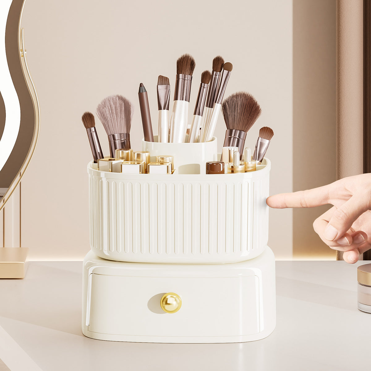 Rotating makeup brush organizer with drawer
