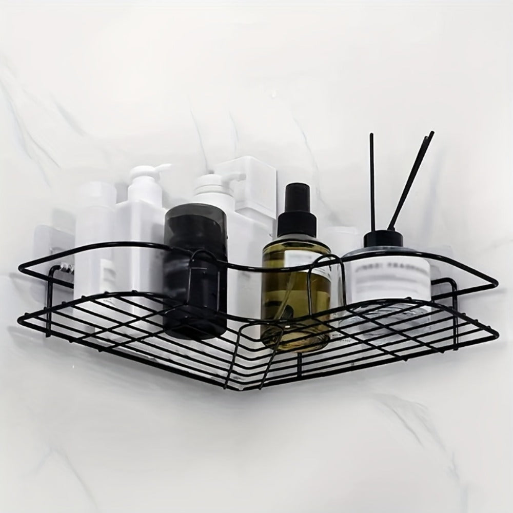 Black triangle no-drill corner shower caddy