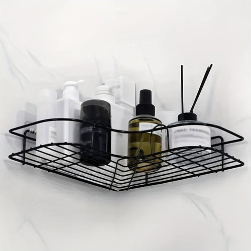 Black triangle no-drill corner shower caddy