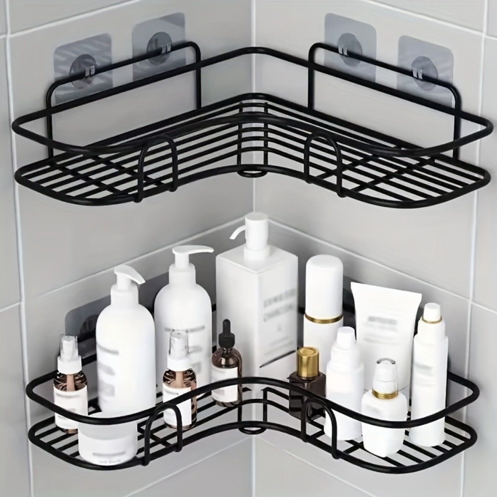 Black triangle no-drill corner shower caddy