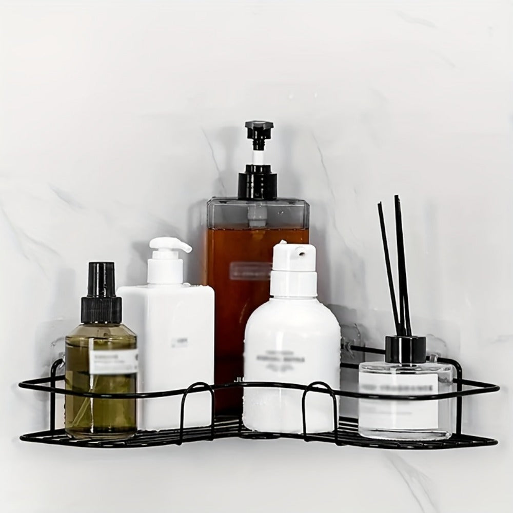 Black triangle no-drill corner shower caddy