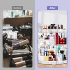 Cluttered vanity before and after using the rotating makeup tower